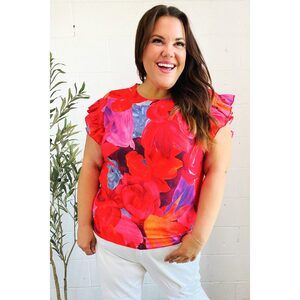 Look of Love Red & Fuchsia Floral Smocked Ruffle Frill Sleeve Top